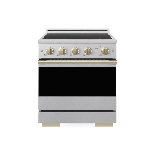 ZLINE Autograph Edition 30 in. 4.2 cu. ft. Marino Induction Range with 4 Element Cooktop and Electric Convection Oven in Satin Stainless Steel with Champagne Bronze Accents (MINRSZ-30-CB) main image.