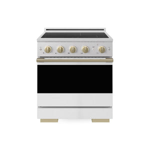 ZLINE Autograph Edition 30 in. 4.2 cu. ft. Marino Induction Range with 4 Element Cooktop and Electric Convection Oven in Satin Stainless Steel with White Matte Door and Champagne Bronze Accents (MINRSZ-WM-30-CB) main image.