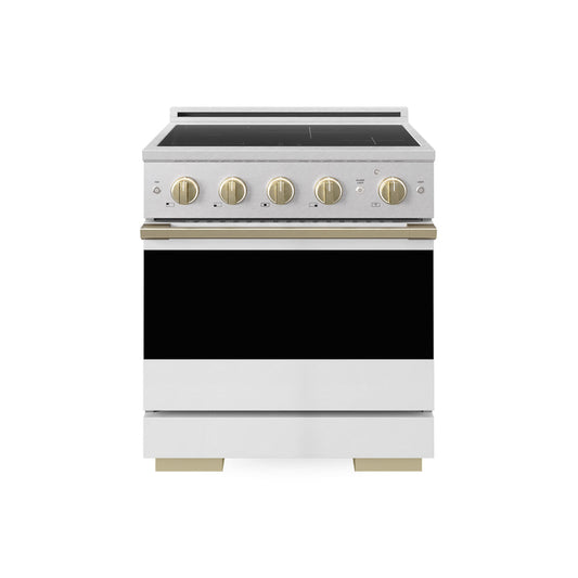 ZLINE Autograph Edition 30 in. 4.2 cu. ft. Marino Induction Range with 4 Element Cooktop and Electric Convection Oven in Satin Stainless Steel with White Matte Door and Champagne Bronze Accents (MINRSZ-WM-30-CB) main image.
