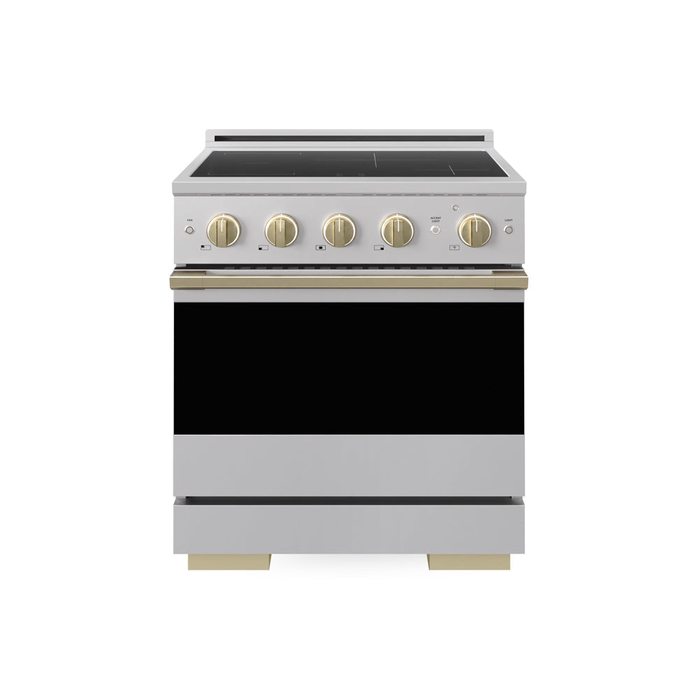 ZLINE Autograph Edition 30 in. 4.2 cu. ft. Marino Induction Range with 4 Element Cooktop and Electric Convection Oven in Stainless Steel with Champagne Bronze Accents (MINRZ-30-CB) main image.