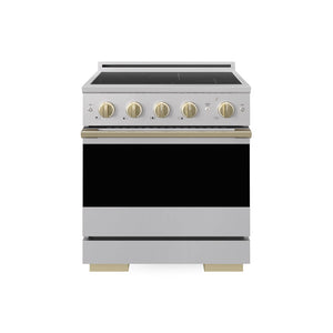 ZLINE Autograph Edition 30 in. 4.2 cu. ft. Marino Induction Range with 4 Element Cooktop and Electric Convection Oven in Stainless Steel with Champagne Bronze Accents (MINRZ-30-CB) main image.