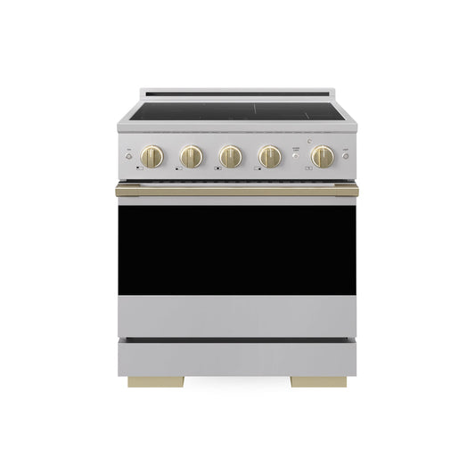 ZLINE Autograph Edition 30 in. 4.2 cu. ft. Marino Induction Range with 4 Element Cooktop and Electric Convection Oven in Stainless Steel with Champagne Bronze Accents (MINRZ-30-CB) main image.