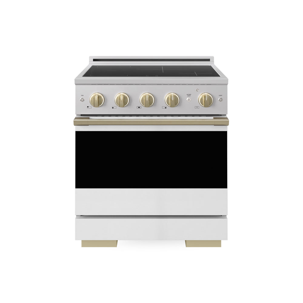 ZLINE Autograph Edition 30 in. 4.2 cu. ft. Marino Induction Range with 4 Element Cooktop and Electric Convection Oven in Stainless Steel with White Matte Door and Champagne Bronze Accents (MINRZ-WM-30-CB) main image.