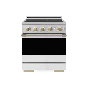ZLINE Autograph Edition 30 in. 4.2 cu. ft. Marino Induction Range with 4 Element Cooktop and Electric Convection Oven in Stainless Steel with White Matte Door and Champagne Bronze Accents (MINRZ-WM-30-CB) main image.