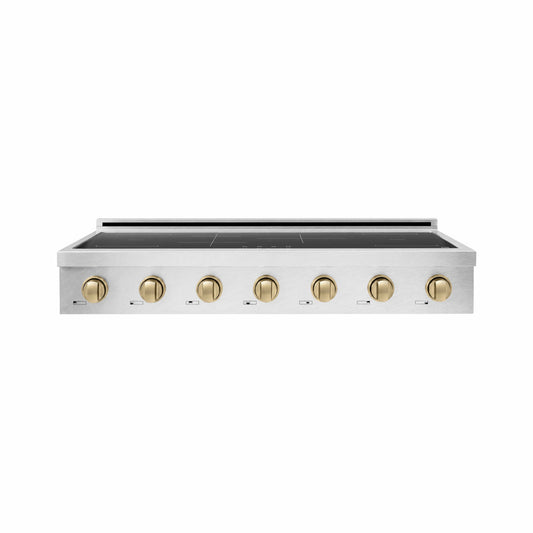 ZLINE Autograph Edition 48 in. Paramount Induction Rangetop with 7 Element Cooktop in Satin Stainless Steel and Champagne Bronze Accents (SINRTSZ-48-CB) main image.