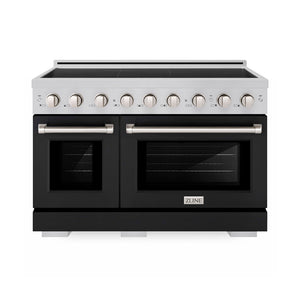ZLINE 48 in. 6.7 cu. ft. Paramount Induction Range with 7 Element Cooktop and Dual Ovens in Satin Stainless Steel with Black Matte Doors (SINRS-BLM-48) main image.