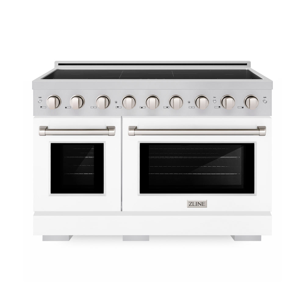 ZLINE 48 in. 6.7 cu. ft. Paramount Induction Range with 7 Element Cooktop and Dual Ovens in Satin Stainless Steel with White Matte Doors (SINRS-WM-48) main image.