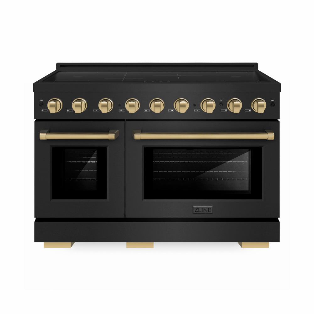 ZLINE Autograph Edition 48 in. 6.7 cu. ft. Paramount Induction Range with 7 Element Cooktop and Dual Ovens in Black Stainless Steel with Champagne Bronze Accents (SINRBZ-48-CB) main image.