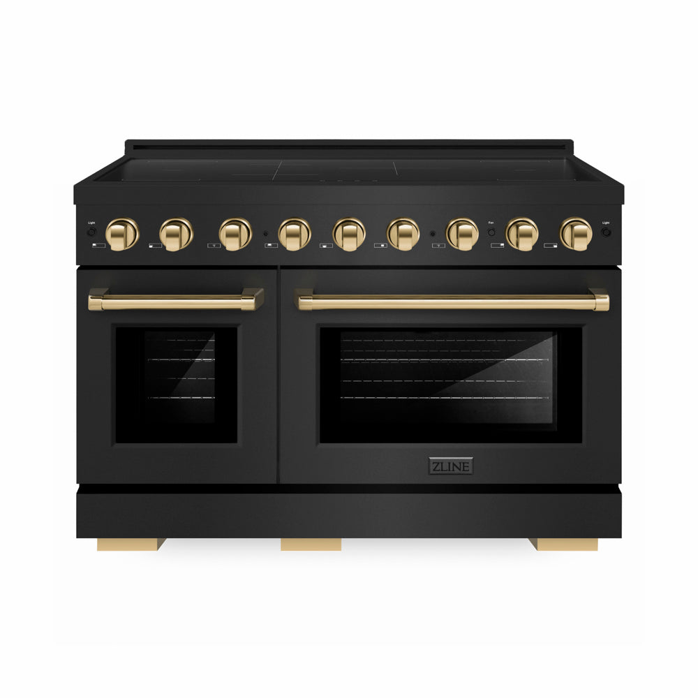 ZLINE Autograph Edition 48 in. 6.7 cu. ft. Paramount Induction Range with 7 Element Cooktop and Dual Ovens in Black Stainless Steel with Polished Gold Accents (SINRBZ-48-G) main image.