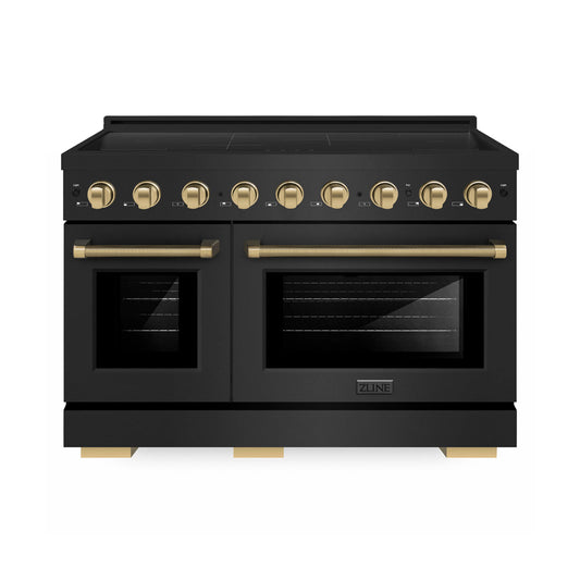 ZLINE Autograph Edition 48 in. 6.7 cu. ft. Paramount Induction Range with 7 Element Cooktop and Dual Ovens in Black Stainless Steel with Champagne Bronze Helix Handles and Knob Accents (SINRBZ-48-KCB) main image.