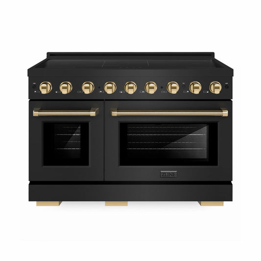 ZLINE Autograph Edition 48 in. 6.7 cu. ft. Paramount Induction Range with 7 Element Cooktop and Dual Ovens in Black Stainless Steel with Polished Gold Helix Handles and Knob Accents (SINRBZ-48-KG) main image.