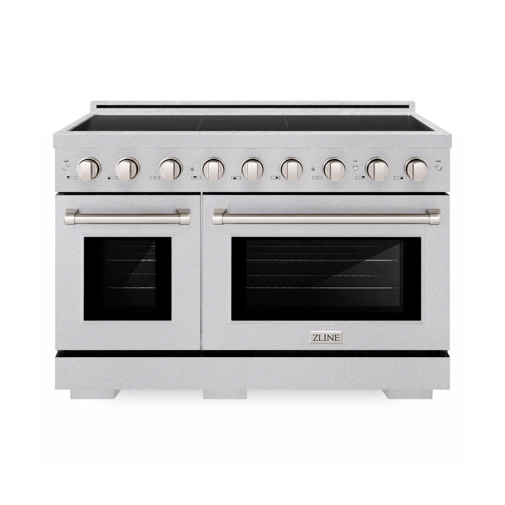ZLINE 48 in. 6.7 cu. ft. Paramount Induction Range with 7 Element Cooktop and Dual Ovens in Satin Stainless Steel (SINRS-48) main image.