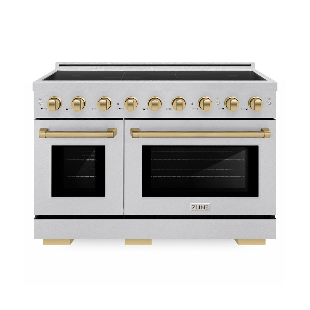 ZLINE Autograph Edition 48 in. 6.7 cu. ft. Paramount Induction Range with 7 Element Cooktop and Dual Ovens in Satin Stainless Steel with Champagne Bronze Accents (SINRSZ-48-CB) main image.