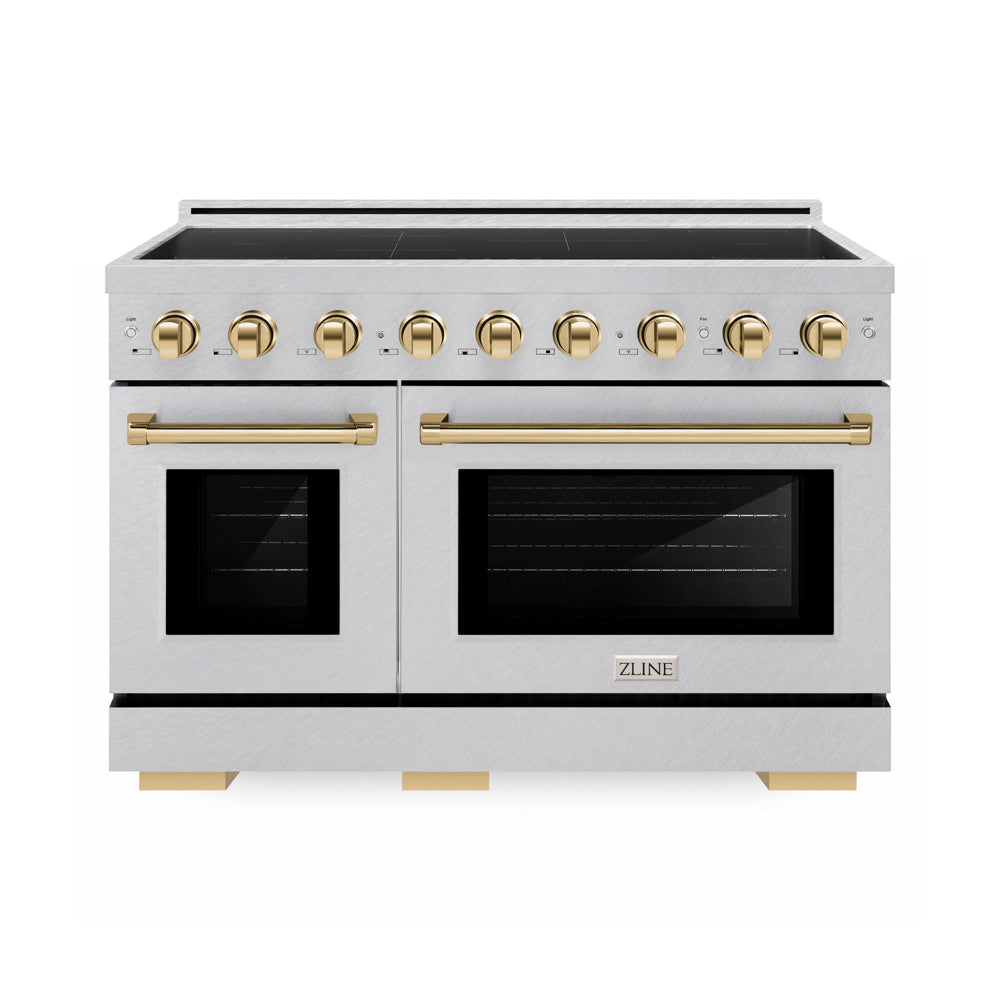 ZLINE Autograph Edition 48 in. 6.7 cu. ft. Paramount Induction Range with 7 Element Cooktop and Dual Ovens in Satin Stainless Steel with Polished Gold Accents (SINRSZ-48-G) main image.