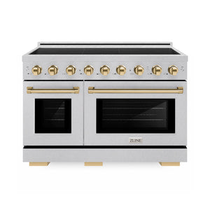 ZLINE Autograph Edition 48 in. 6.7 cu. ft. Paramount Induction Range with 7 Element Cooktop and Dual Ovens in Satin Stainless Steel with Polished Gold Accents (SINRSZ-48-G) main image.