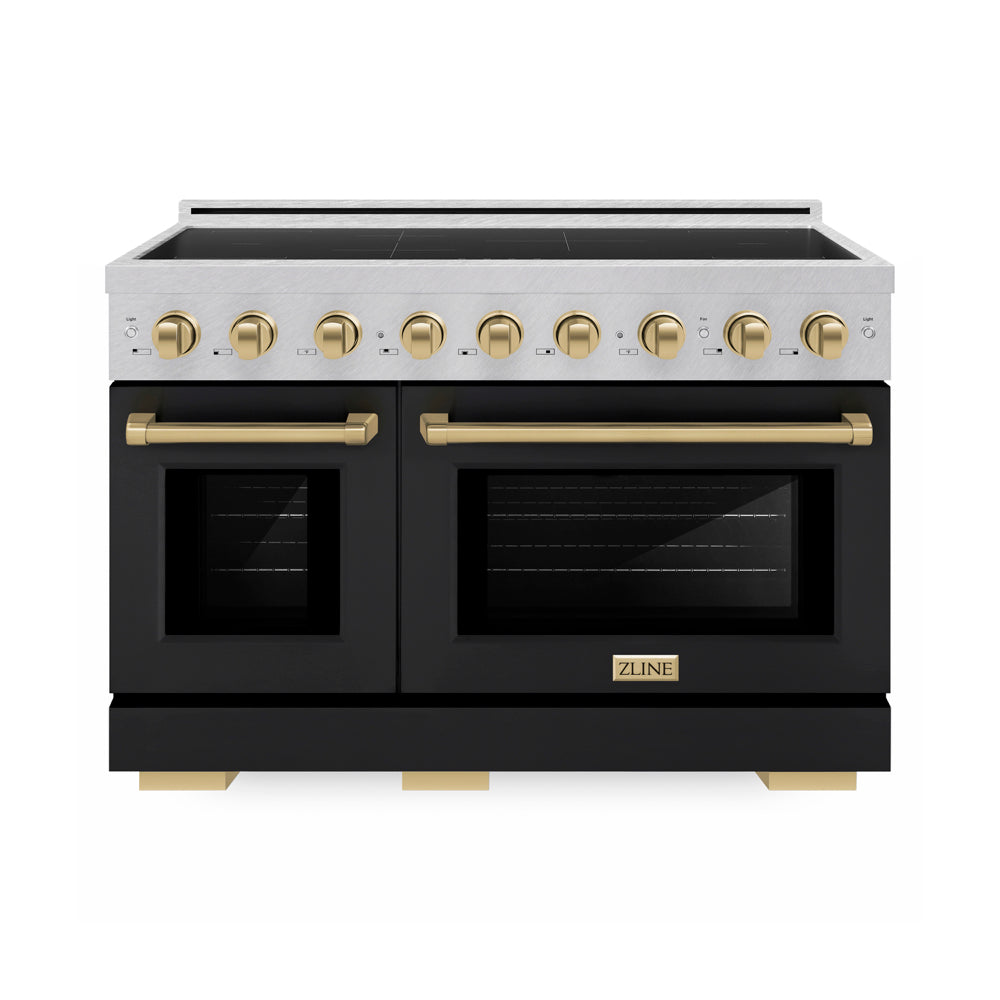 ZLINE Autograph Edition 48 in. 6.7 cu. ft. Paramount Induction Range with 7 Element Cooktop and Dual Ovens in Satin Stainless Steel with Black Matte Doors and Champagne Bronze Accents (SINRSZ-BLM48-CB) main image.