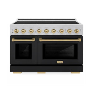 ZLINE Autograph Edition 48 in. 6.7 cu. ft. Paramount Induction Range with 7 Element Cooktop and Dual Ovens in Satin Stainless Steel with Black Matte Doors and Champagne Bronze Accents (SINRSZ-BLM48-CB) main image.