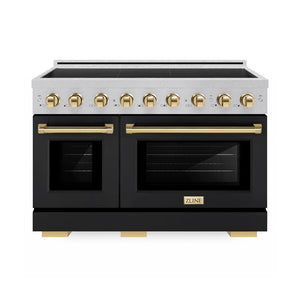 ZLINE Autograph Edition 48 in. 6.7 cu. ft. Paramount Induction Range with 7 Element Cooktop and Dual Ovens in Satin Stainless Steel with Black Matte Doors and Polished Gold Accents (SINRSZ-BLM48-G) main image.