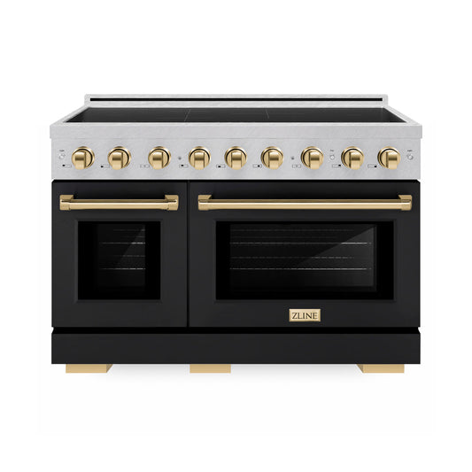 ZLINE Autograph Edition 48 in. 6.7 cu. ft. Paramount Induction Range with 7 Element Cooktop and Dual Ovens in Satin Stainless Steel with Black Matte Doors and Polished Gold Accents (SINRSZ-BLM48-G) main image.