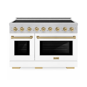 ZLINE Autograph Edition 48 in. 6.7 cu. ft. Paramount Induction Range with 7 Element Cooktop and Dual Ovens in Satin Stainless Steel with White Matte Doors and Champagne Bronze Accents (SINRSZ-WM-48-CB) main image.