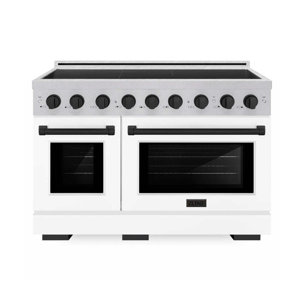 ZLINE Autograph Edition 48 in. 6.7 cu. ft. Paramount Induction Range with 7 Element Cooktop and Dual Ovens in Satin Stainless Steel with White Matte Doors and Matte Black Accents (SINRSZ-WM-48-MB) main image.