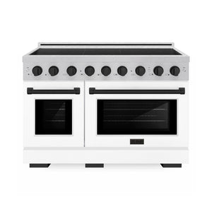 ZLINE Autograph Edition 48 in. 6.7 cu. ft. Paramount Induction Range with 7 Element Cooktop and Dual Ovens in Satin Stainless Steel with White Matte Doors and Matte Black Accents (SINRSZ-WM-48-MB) main image.