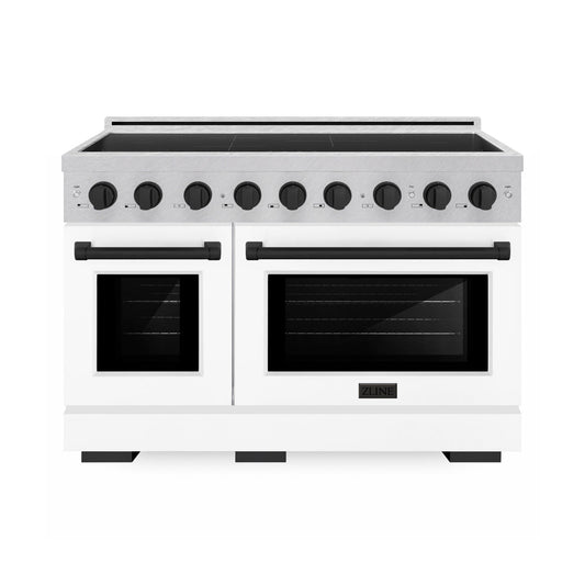 ZLINE Autograph Edition 48 in. 6.7 cu. ft. Paramount Induction Range with 7 Element Cooktop and Dual Ovens in Satin Stainless Steel with White Matte Doors and Matte Black Accents (SINRSZ-WM-48-MB) main image.