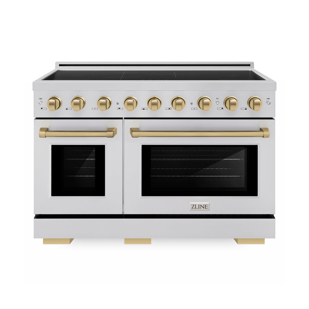 ZLINE Autograph Edition 48 in. 6.7 cu. ft. Paramount Induction Range with 7 Element Cooktop and Dual Ovens in Stainless Steel with Champagne Bronze Accents (SINRZ-48-CB) main image.