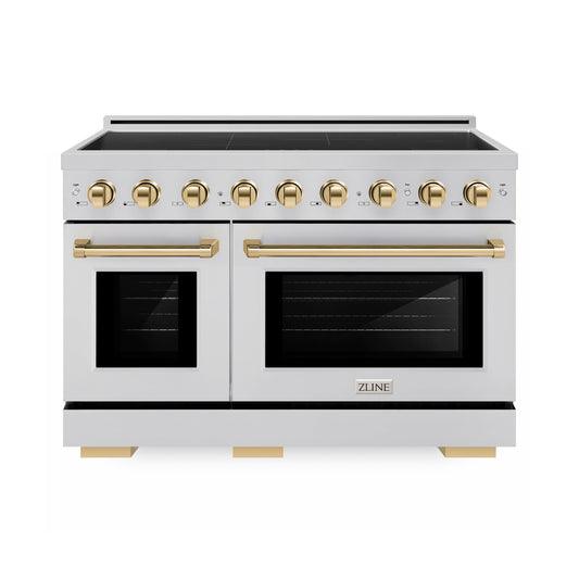 ZLINE Autograph Edition 48 in. 6.7 cu. ft. Paramount Induction Range with 7 Element Cooktop and Dual Ovens in Stainless Steel with Polished Gold Accents (SINRZ-48-G) main image.