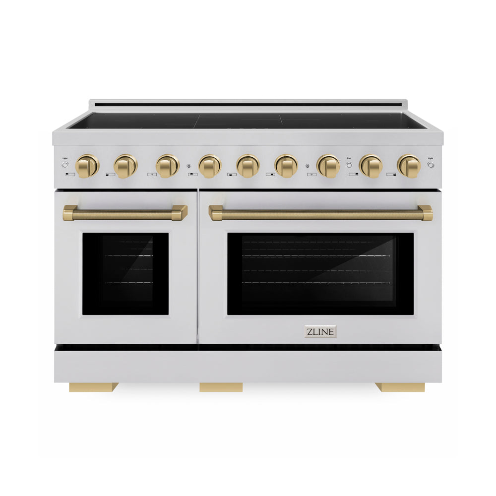 ZLINE Autograph Edition 48 in. 6.7 cu. ft. Paramount Induction Range with 7 Element Cooktop and Dual Ovens in Stainless Steel with Champagne Bronze Helix Handles and Knob Accents (SINRZ-48-KCB) main image.