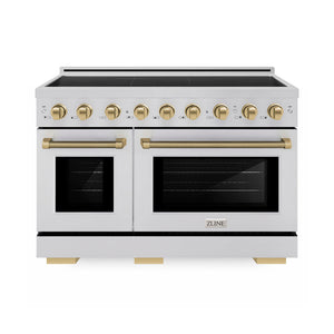 ZLINE Autograph Edition 48 in. 6.7 cu. ft. Paramount Induction Range with 7 Element Cooktop and Dual Ovens in Stainless Steel with Champagne Bronze Helix Handles and Knob Accents (SINRZ-48-KCB) main image.