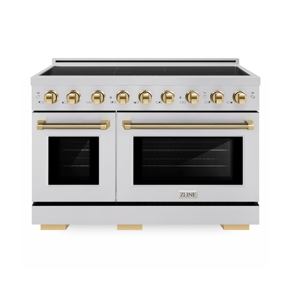 ZLINE Autograph Edition 48 in. 6.7 cu. ft. Paramount Induction Range with 7 Element Cooktop and Dual Ovens in Stainless Steel with Polished Gold Helix Handles and Knob Accents (SINRZ-48-KG) main image.