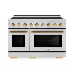 ZLINE Autograph Edition 48 in. 6.7 cu. ft. Paramount Induction Range with 7 Element Cooktop and Dual Ovens in Stainless Steel with Polished Gold Helix Handles and Knob Accents (SINRZ-48-KG) main image.