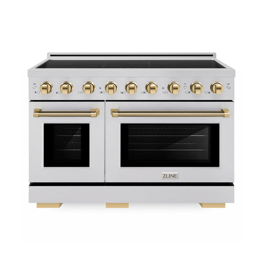 ZLINE Autograph Edition 48 in. 6.7 cu. ft. Paramount Induction Range with 7 Element Cooktop and Dual Ovens in Stainless Steel with Polished Gold Helix Handles and Knob Accents (SINRZ-48-KG) main image.