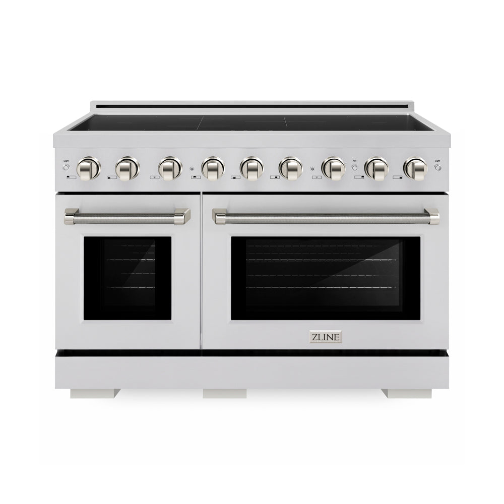 ZLINE Autograph Edition 48 in. 6.7 cu. ft. Paramount Induction Range with 7 Element Cooktop and Dual Ovens in Stainless Steel with Polished Nickel Helix Handles and Knob Accents (SINRZ-48-KPN) main image.