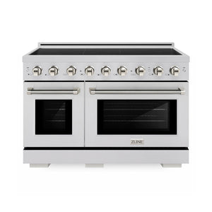 ZLINE Autograph Edition 48 in. 6.7 cu. ft. Paramount Induction Range with 7 Element Cooktop and Dual Ovens in Stainless Steel with Polished Nickel Helix Handles and Knob Accents (SINRZ-48-KPN) main image.