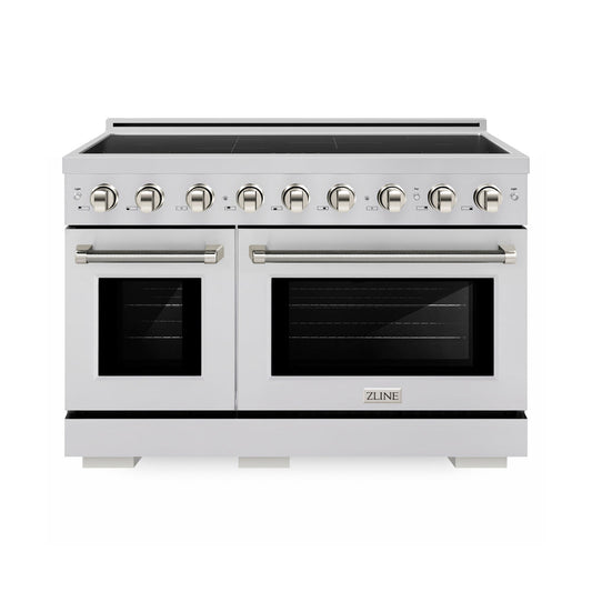 ZLINE Autograph Edition 48 in. 6.7 cu. ft. Paramount Induction Range with 7 Element Cooktop and Dual Ovens in Stainless Steel with Polished Nickel Helix Handles and Knob Accents (SINRZ-48-KPN) main image.