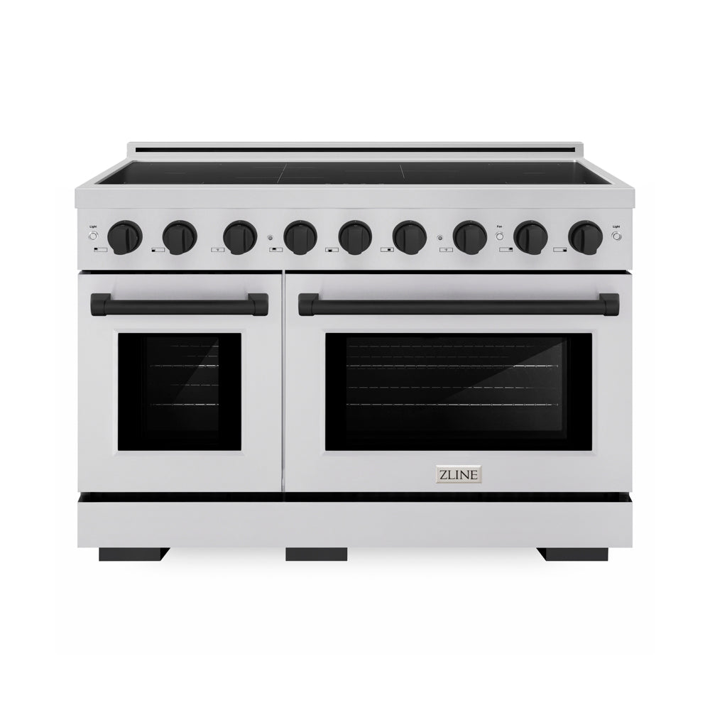 ZLINE Autograph Edition 48 in. 6.7 cu. ft. Paramount Induction Range with 7 Element Cooktop and Dual Ovens in Stainless Steel with Matte Black Accents (SINRZ-48-MB) main image.