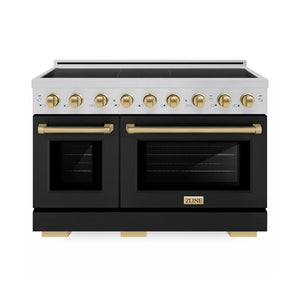 ZLINE Autograph Edition 48 in. 6.7 cu. ft. Paramount Induction Range with 7 Element Cooktop and Dual Ovens in Stainless Steel with Black Matte Doors and Champagne Bronze Accents (SINRZ-BLM-48-CB) main image.