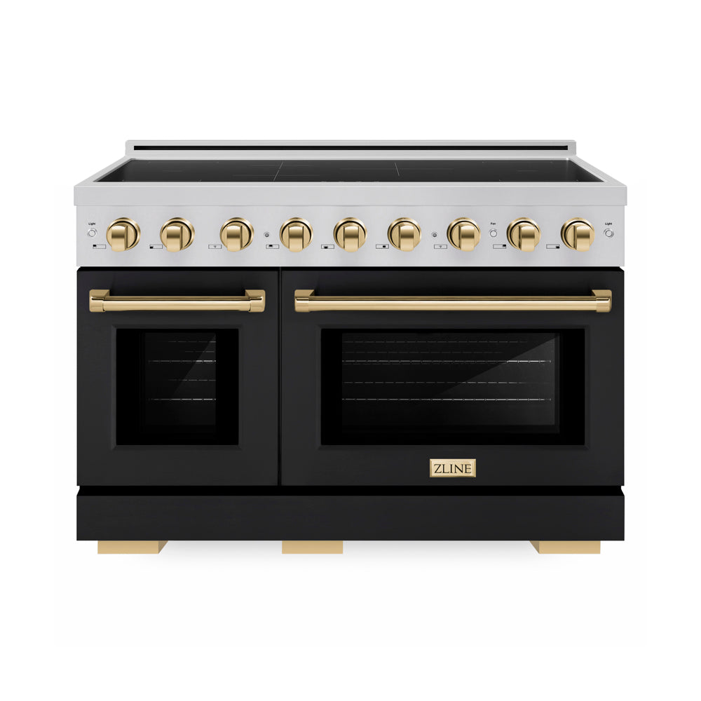 ZLINE Autograph Edition 48 in. 6.7 cu. ft. Paramount Induction Range with 7 Element Cooktop and Dual Ovens in Stainless Steel with Black Matte Doors and Polished Gold Accents (SINRZ-BLM-48-G) main image.