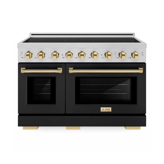 ZLINE Autograph Edition 48 in. 6.7 cu. ft. Paramount Induction Range with 7 Element Cooktop and Dual Ovens in Stainless Steel with Black Matte Doors and Polished Gold Accents (SINRZ-BLM-48-G) main image.