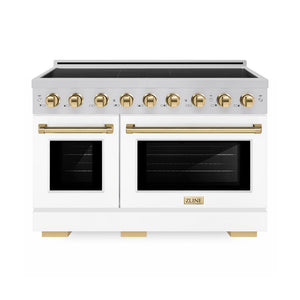 ZLINE Autograph Edition 48 in. 6.7 cu. ft. Paramount Induction Range with 7 Element Cooktop and Dual Ovens in Stainless Steel with White Matte Doors and Polished Gold Accents (SINRZ-WM-48-G) main image.