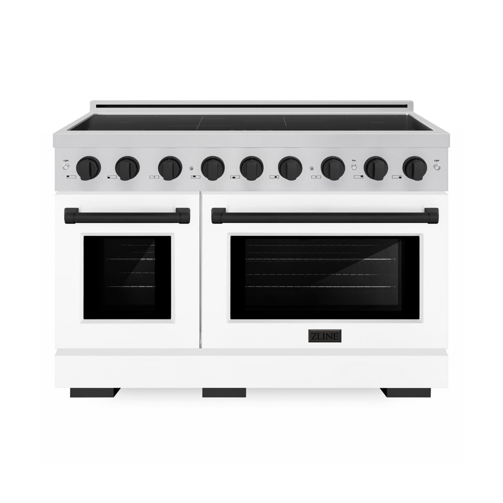 ZLINE Autograph Edition 48 in. 6.7 cu. ft. Paramount Induction Range with 7 Element Cooktop and Dual Ovens in Stainless Steel with White Matte Doors and Matte Black Accents (SINRZ-WM-48-MB) main image.