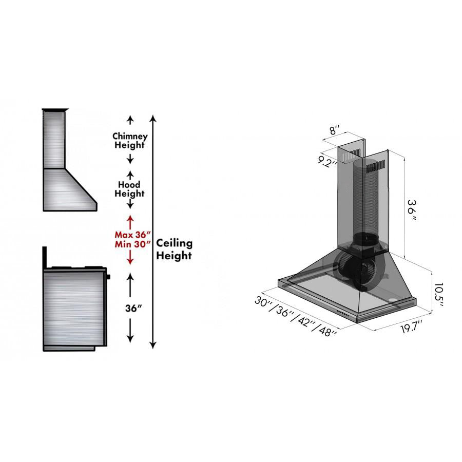 ZLINE 48 in. Designer Series Satin Stainless Steel Convertible Vent Wall Mount Range Hood (8KBS-48) dimensional diagram.