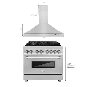 ZLINE 36 in. Kitchen Package with Satin Stainless Steel Dual Fuel Range and Convertible Vent Range Hood (2KP-RASNRH36)