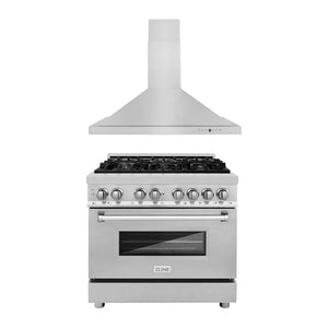 ZLINE 36 in. Kitchen Package with Satin Stainless Steel Dual Fuel Range and Convertible Vent Range Hood (2KP-RASNRH36) main image.