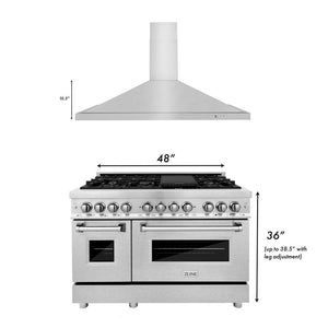 ZLINE 48 in. Kitchen Package with Satin Stainless Steel Dual Fuel Range and Convertible Vent Range Hood (2KP-RASNRH48) dimensional diagram.