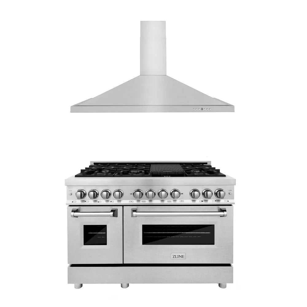 ZLINE 48 in. Kitchen Package with Satin Stainless Steel Dual Fuel Range and Convertible Vent Range Hood (2KP-RASNRH48) main image.