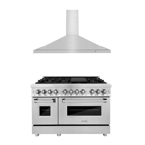 ZLINE 48 in. Kitchen Package with Satin Stainless Steel Dual Fuel Range and Convertible Vent Range Hood (2KP-RASNRH48) main image.