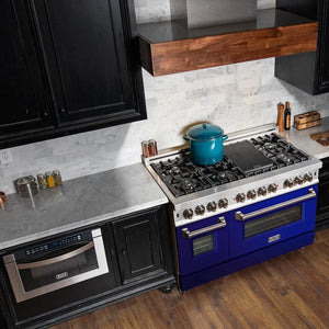 ZLINE 48 in. 6.0 cu. ft. Legacy Dual Fuel Range with 7 Burner Gas Cooktop and 2 Electric Ovens in Stainless Steel and Blue Gloss Doors (RA-BG-48) in a luxury kitchen.
